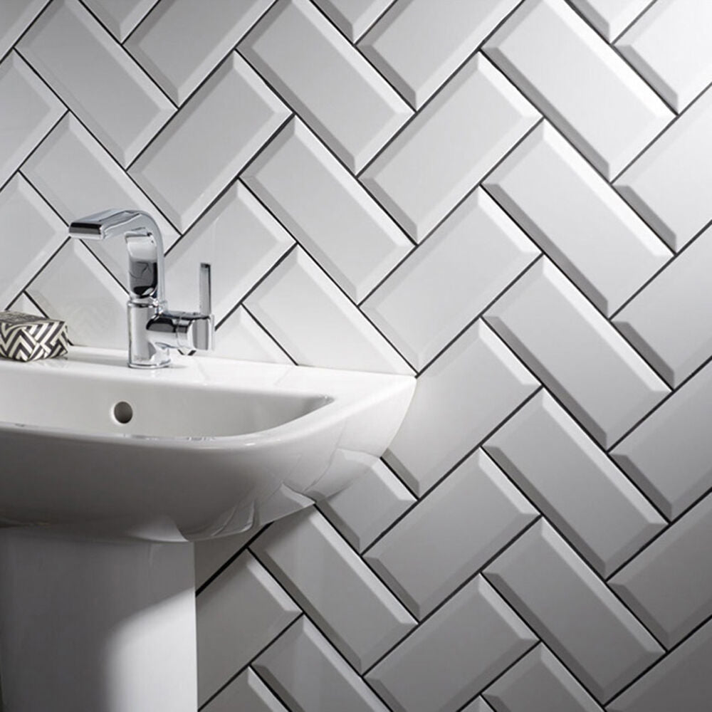 White Gloss Herringbone Bathroom Tiles